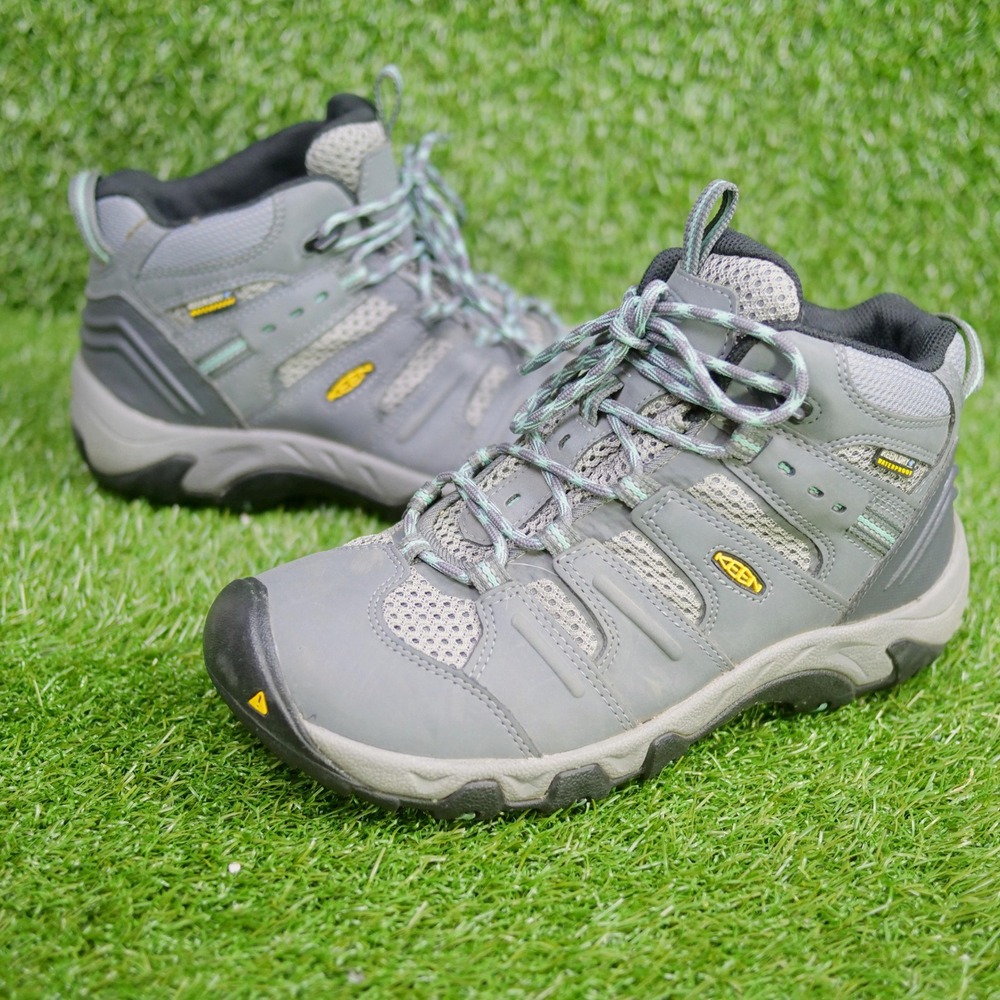 KEEN Dry Waterproof Hiking Boots Womens 7.5 Grey Mint Green Trail Shoes Mid Top